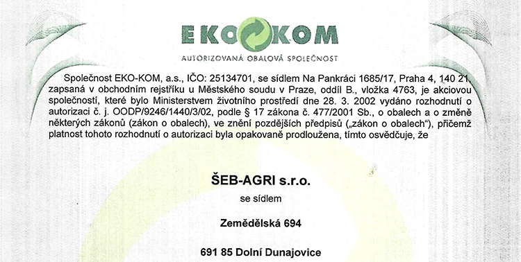 Certifikát EKOKOM